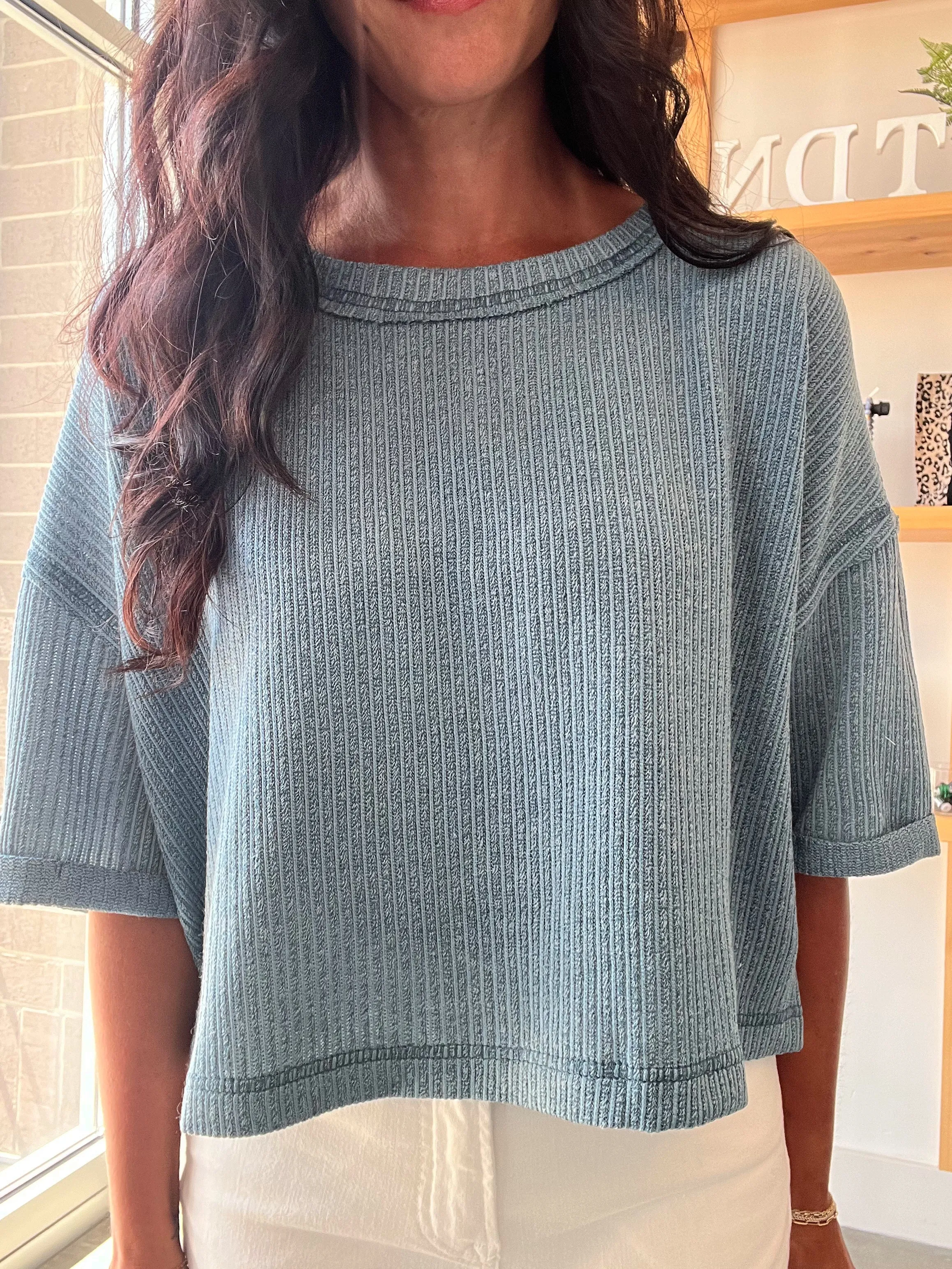 Short Sleeve Knit Crop in Dusty Teal