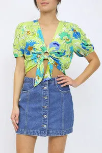 Silas Graphic Floral Printed O Ring Cropped Top In Lime Blue Multi