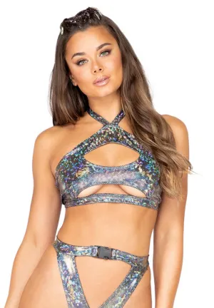 Silver Iridescent Keyhole Cropped Top
