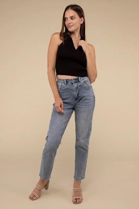 Sleeveless Collared Cropped Hem Knit Fitted Sleeveless Top