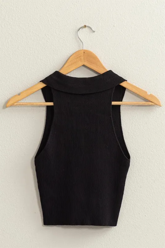 Sleeveless Collared Cropped Hem Knit Fitted Sleeveless Top