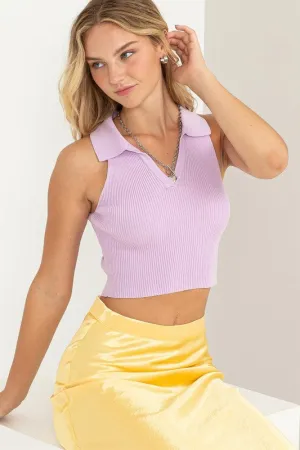Sleeveless Collared Cropped Hem Knit Fitted Sleeveless Top