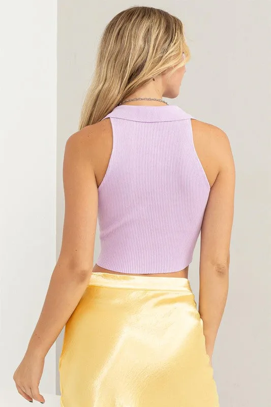Sleeveless Collared Cropped Hem Knit Fitted Sleeveless Top