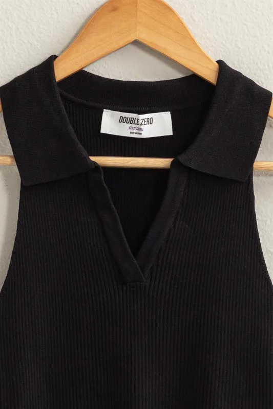 Sleeveless Collared Cropped Hem Knit Fitted Sleeveless Top