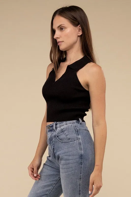 Sleeveless Collared Cropped Hem Knit Fitted Sleeveless Top