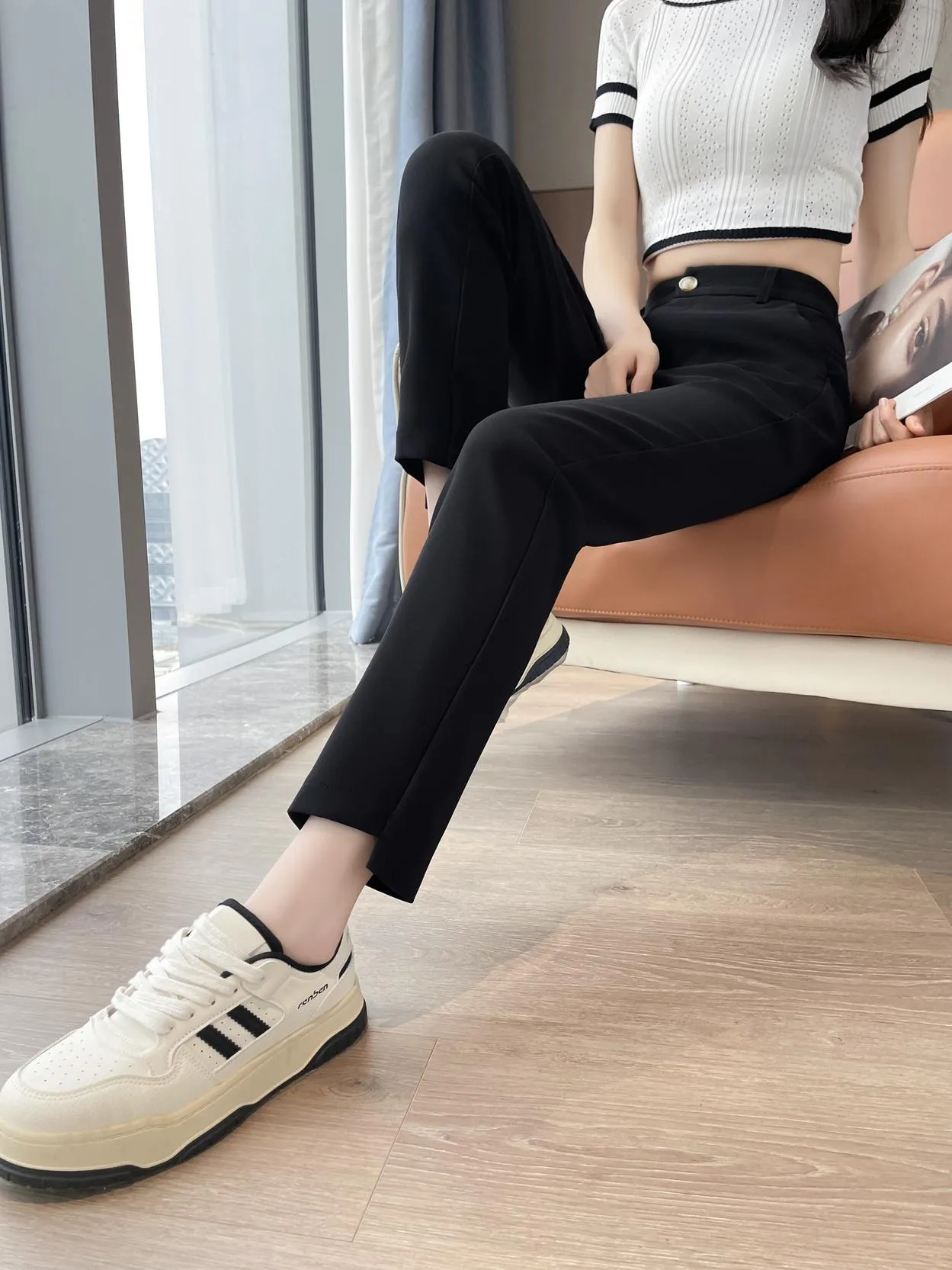 Solid Anti-Wrinkle Mid-Waisted Straight Leg Pants
