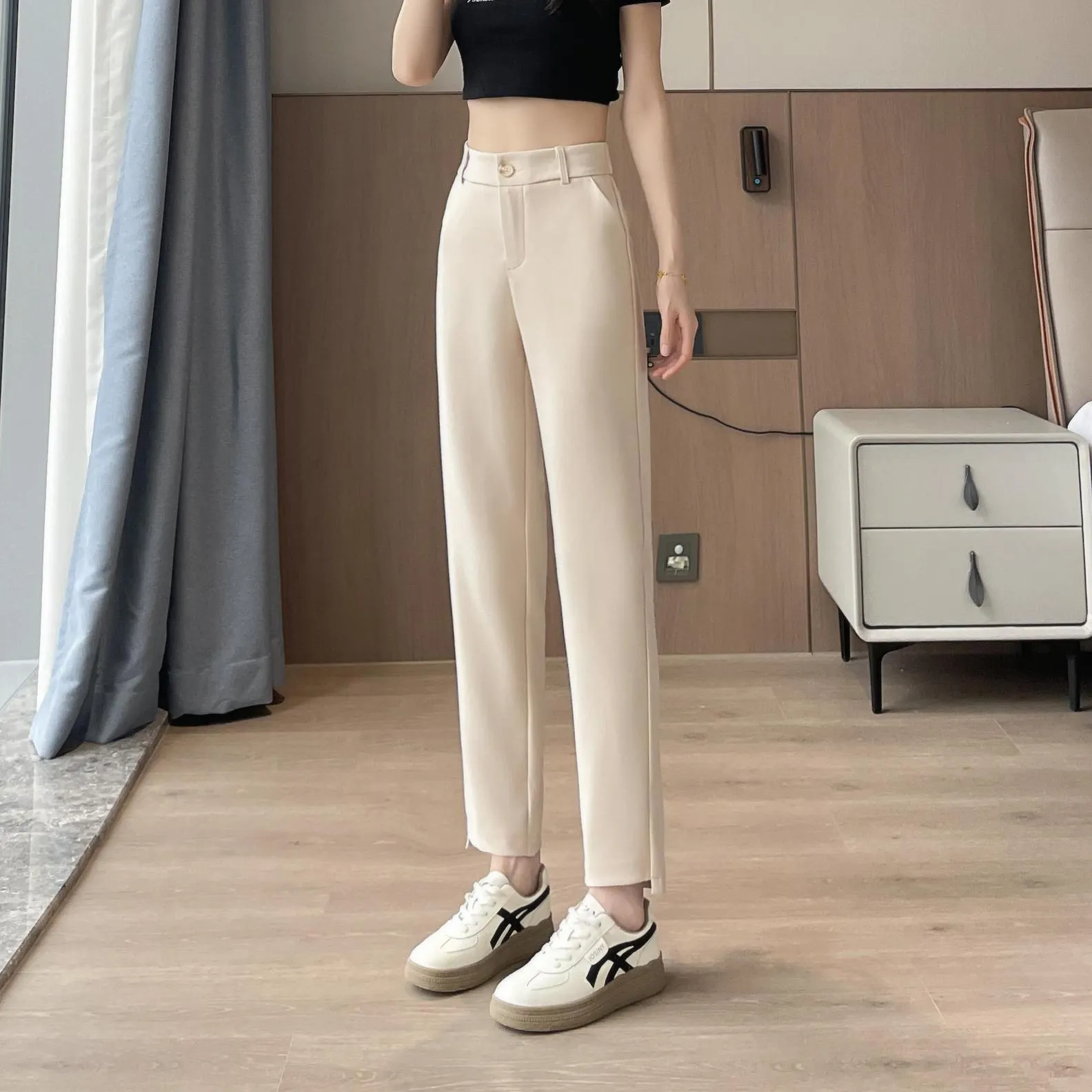 Solid Anti-Wrinkle Mid-Waisted Straight Leg Pants