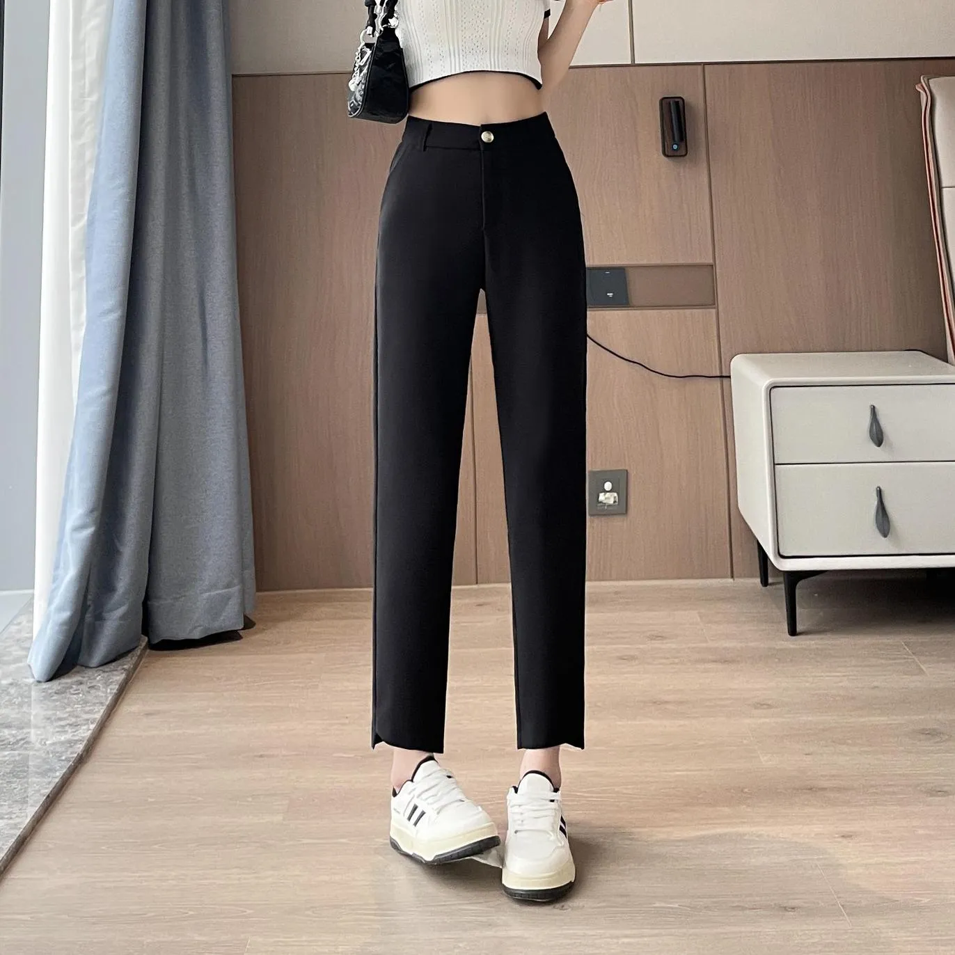 Solid Anti-Wrinkle Mid-Waisted Straight Leg Pants