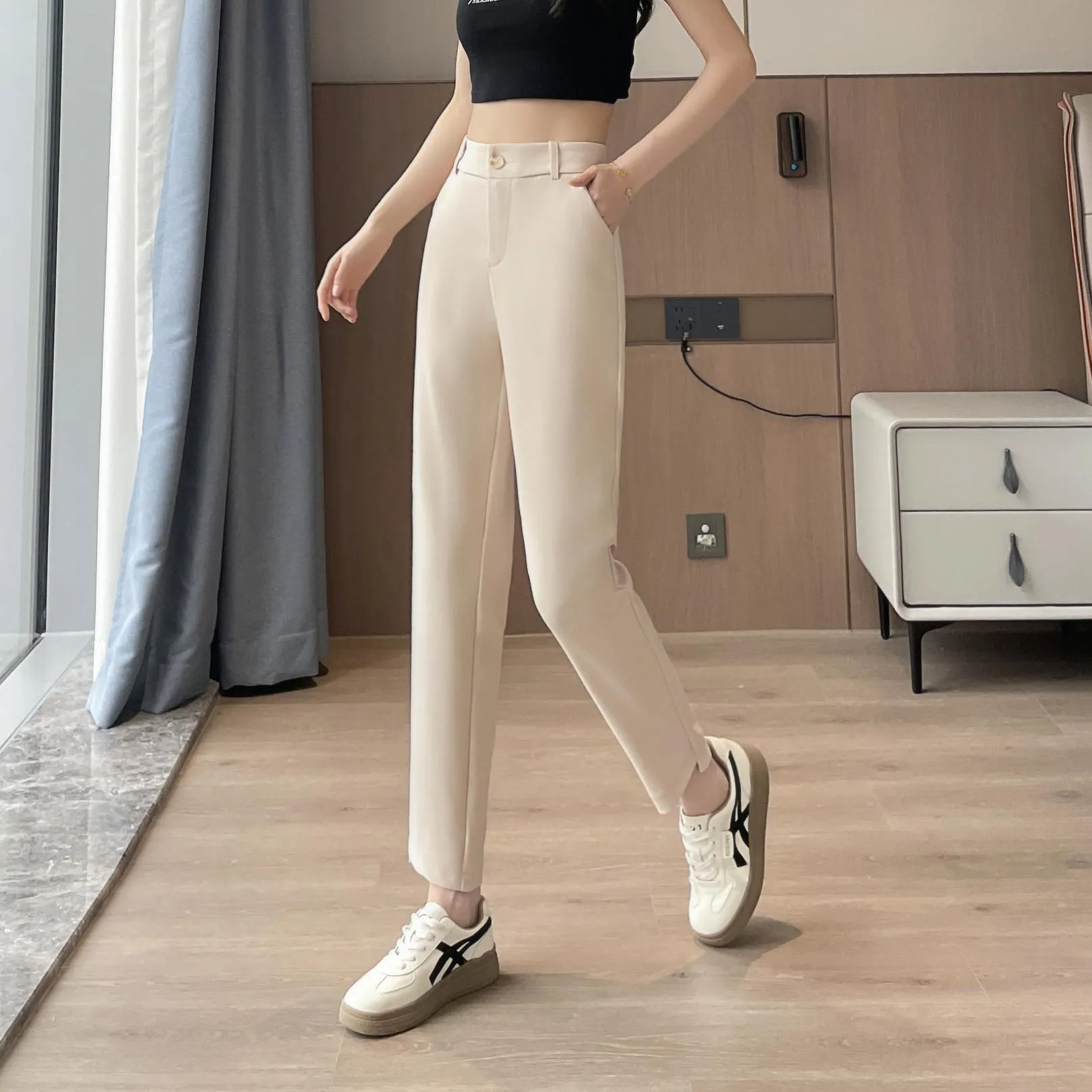 Solid Anti-Wrinkle Mid-Waisted Straight Leg Pants