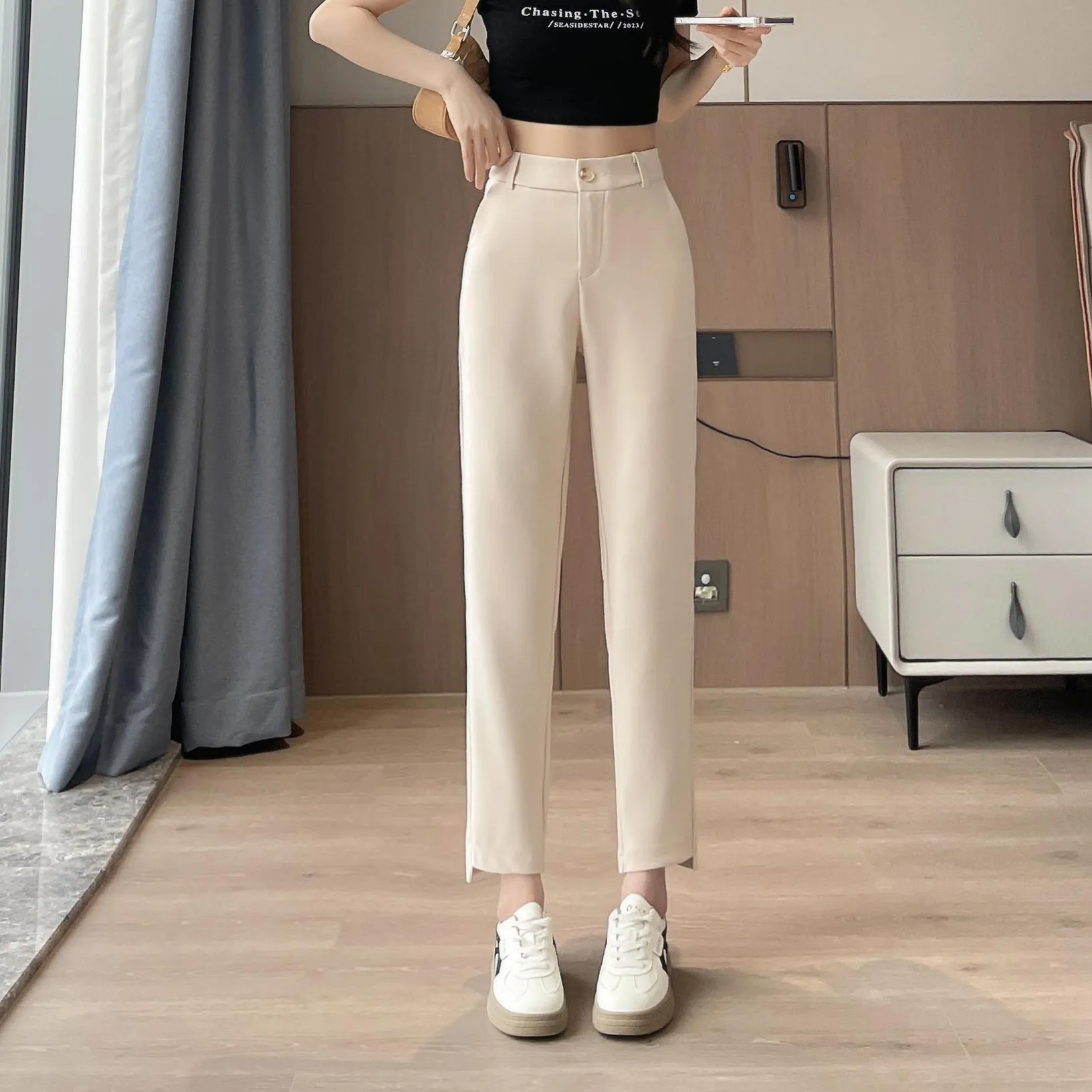 Solid Anti-Wrinkle Mid-Waisted Straight Leg Pants