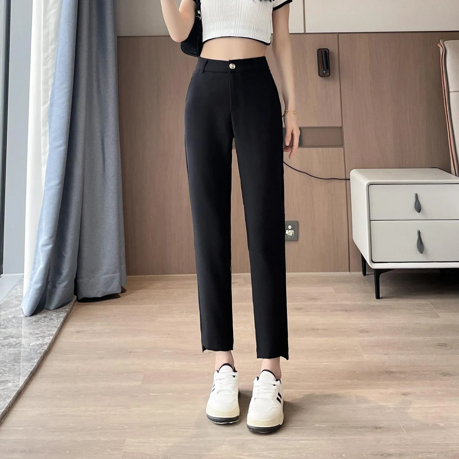 Solid Anti-Wrinkle Mid-Waisted Straight Leg Pants