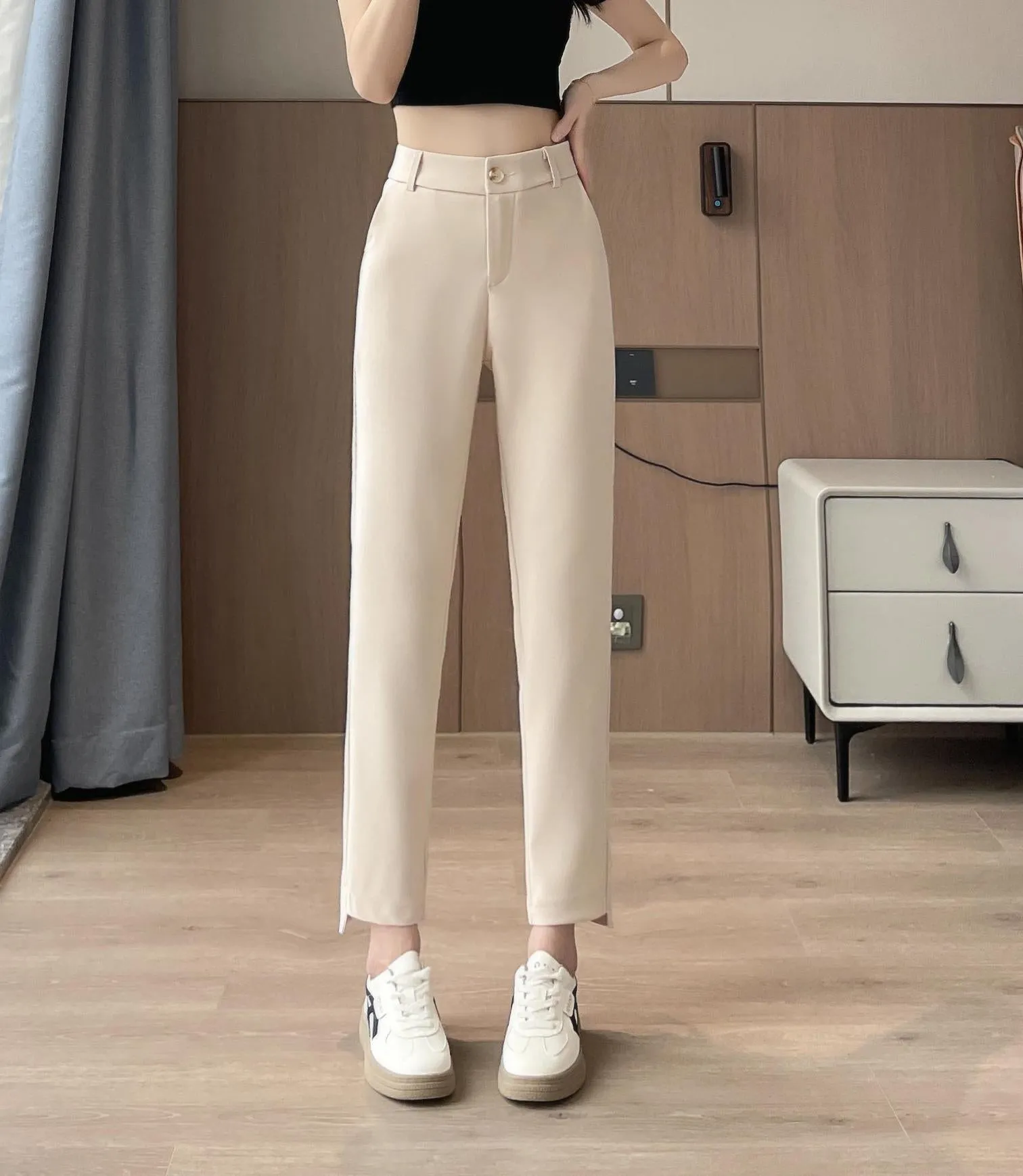 Solid Anti-Wrinkle Mid-Waisted Straight Leg Pants