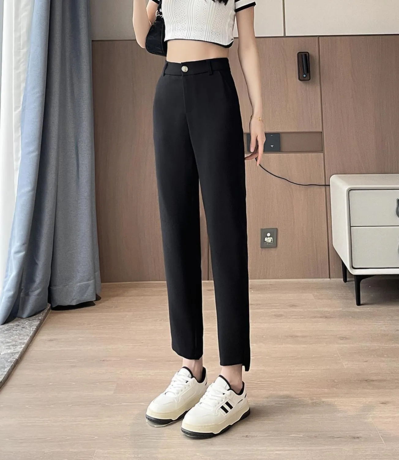 Solid Anti-Wrinkle Mid-Waisted Straight Leg Pants