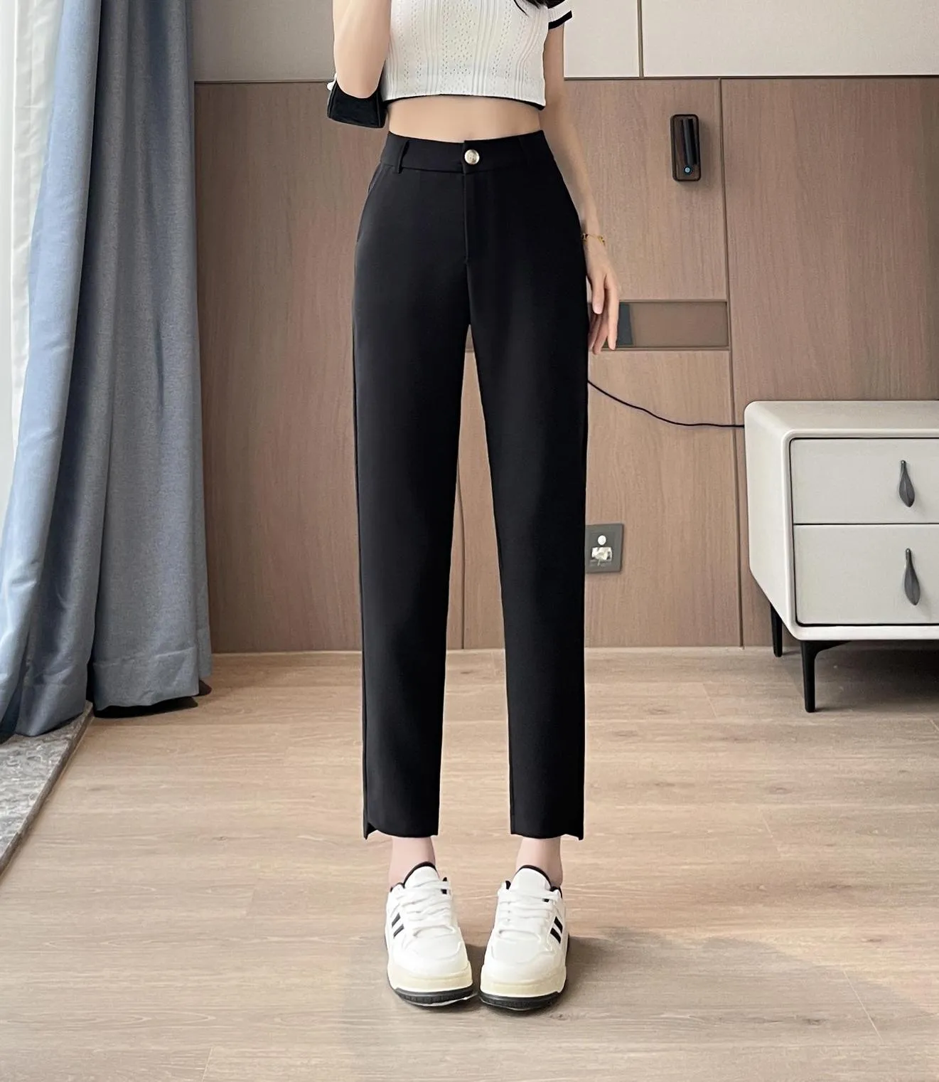 Solid Anti-Wrinkle Mid-Waisted Straight Leg Pants
