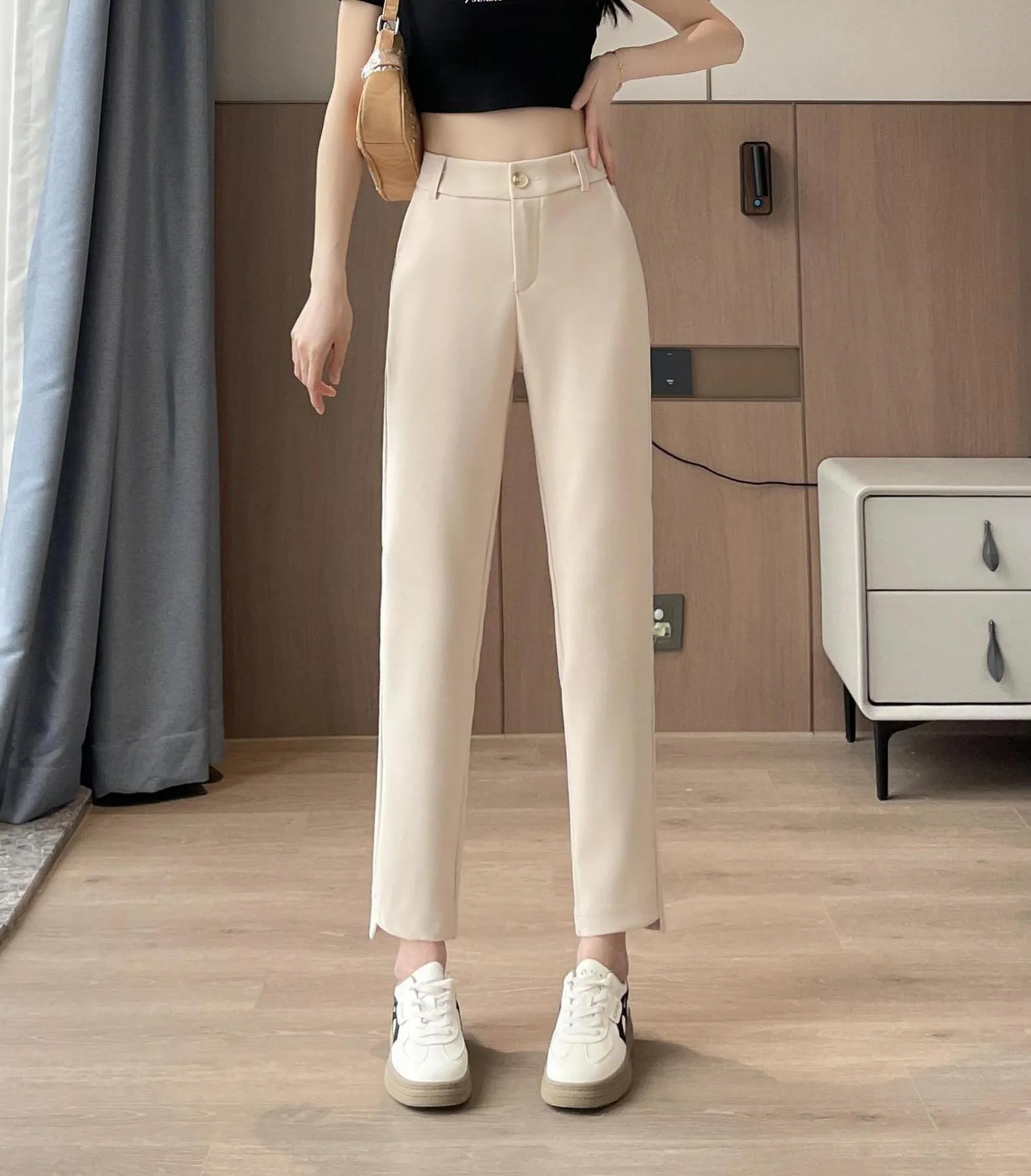 Solid Anti-Wrinkle Mid-Waisted Straight Leg Pants