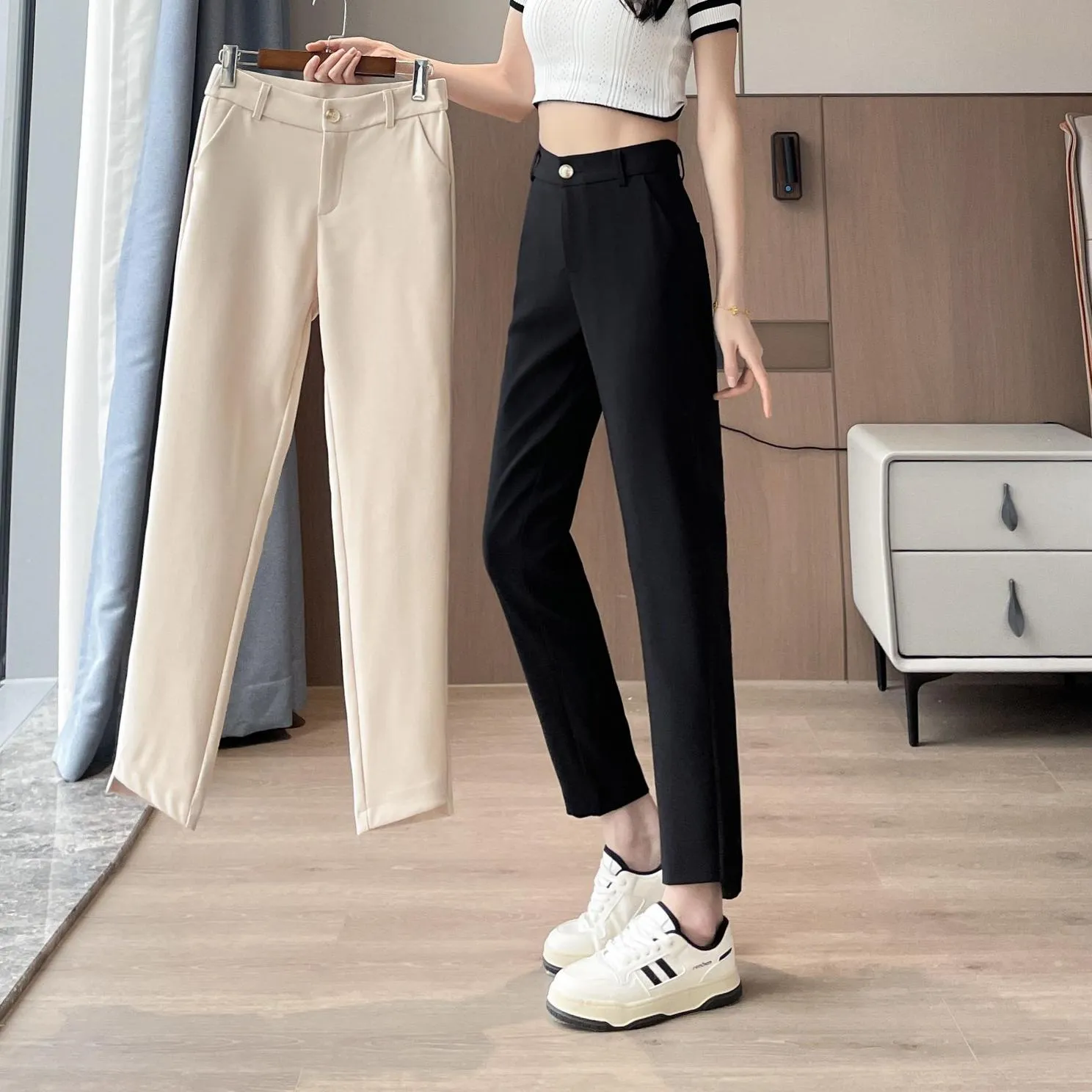 Solid Anti-Wrinkle Mid-Waisted Straight Leg Pants