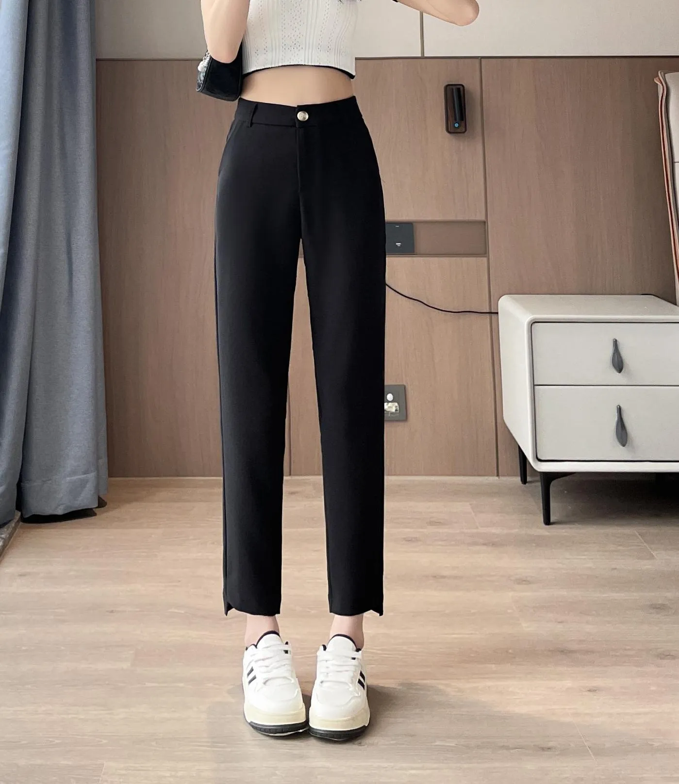 Solid Anti-Wrinkle Mid-Waisted Straight Leg Pants