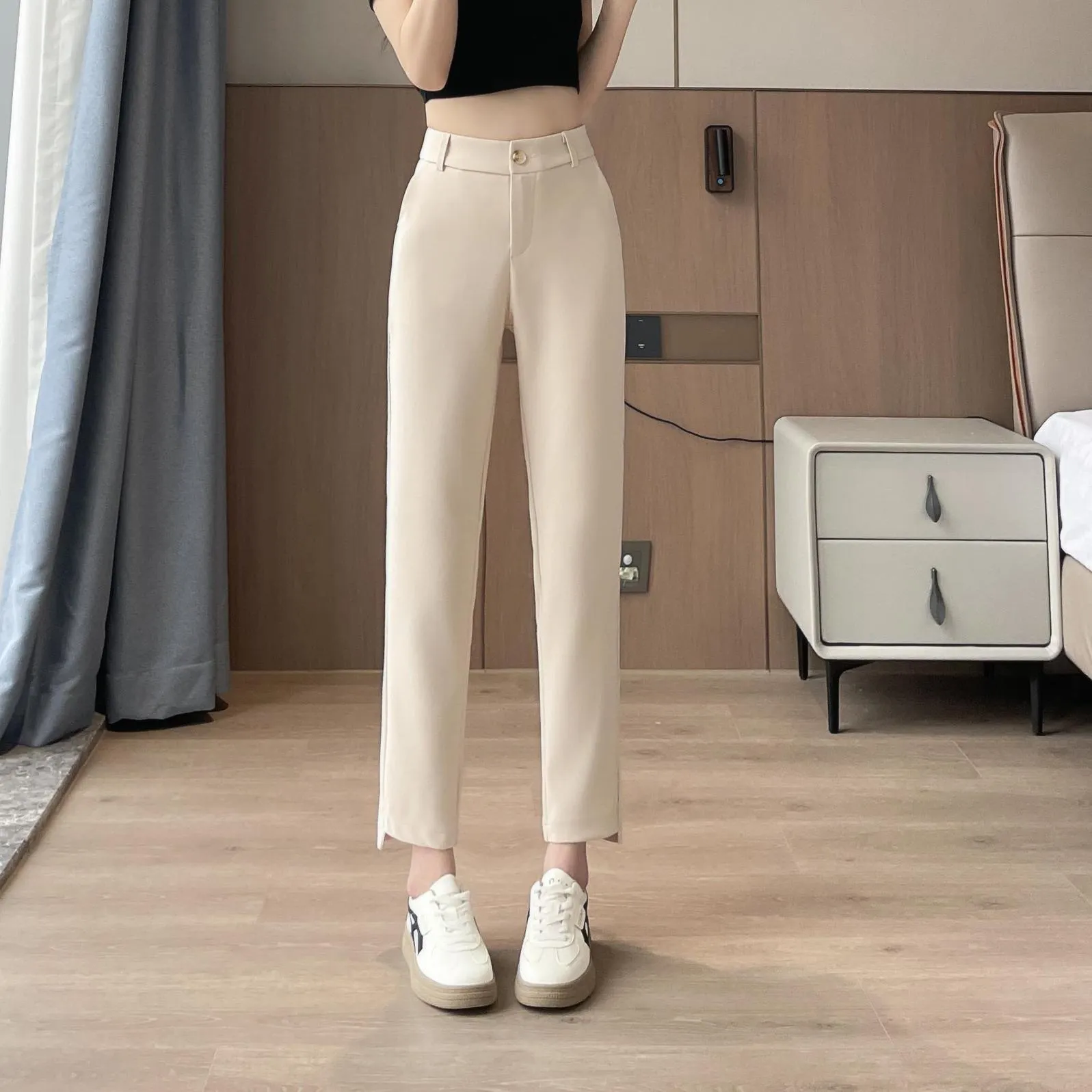 Solid Anti-Wrinkle Mid-Waisted Straight Leg Pants