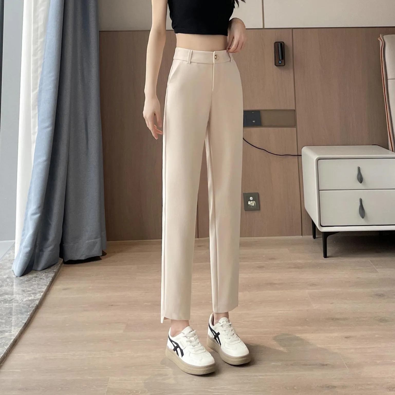 Solid Anti-Wrinkle Mid-Waisted Straight Leg Pants