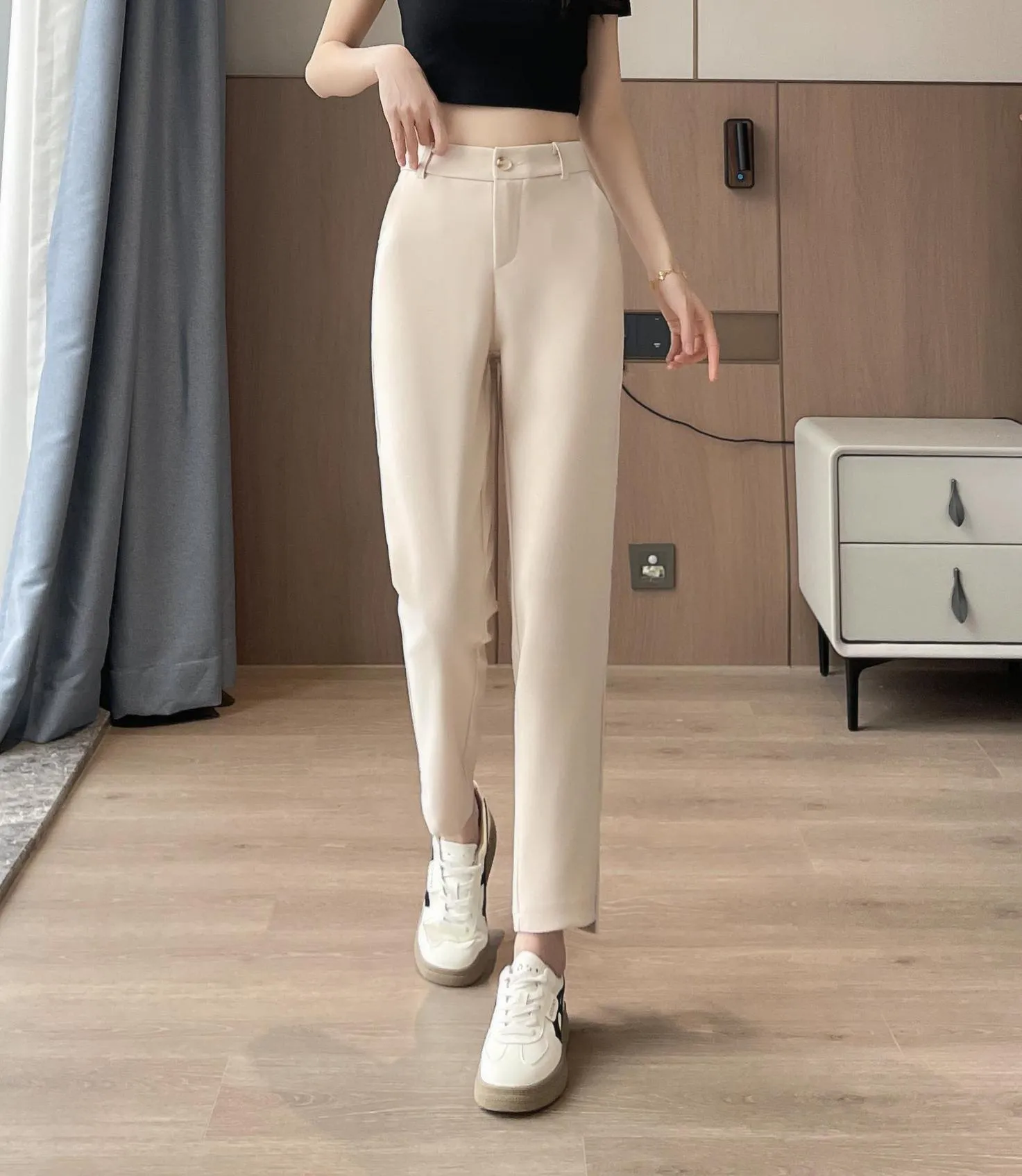 Solid Anti-Wrinkle Mid-Waisted Straight Leg Pants