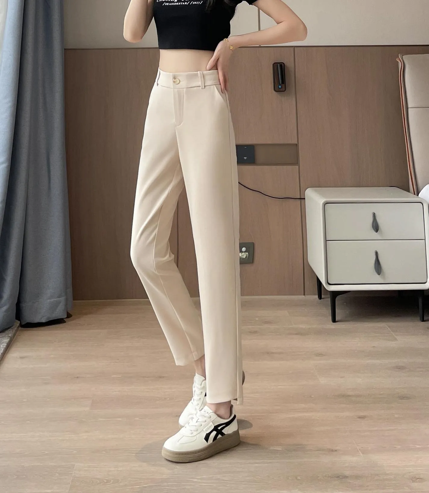Solid Anti-Wrinkle Mid-Waisted Straight Leg Pants