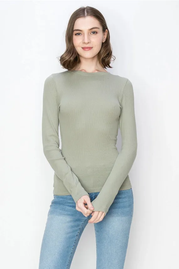 Solid Color Ribbed Cotton Spandex Crew Neck Long Sleeve Tee