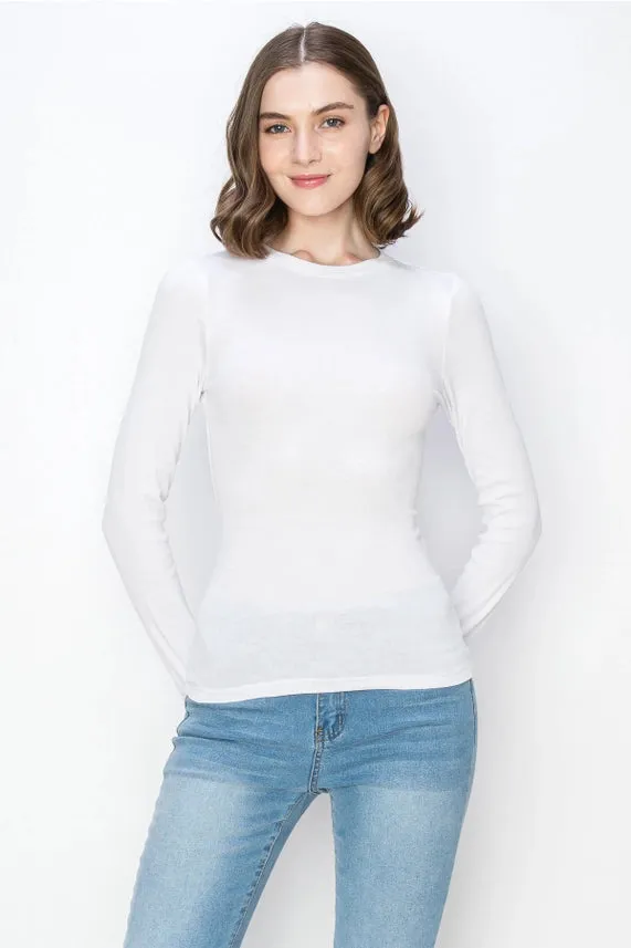 Solid Color Ribbed Cotton Spandex Crew Neck Long Sleeve Tee