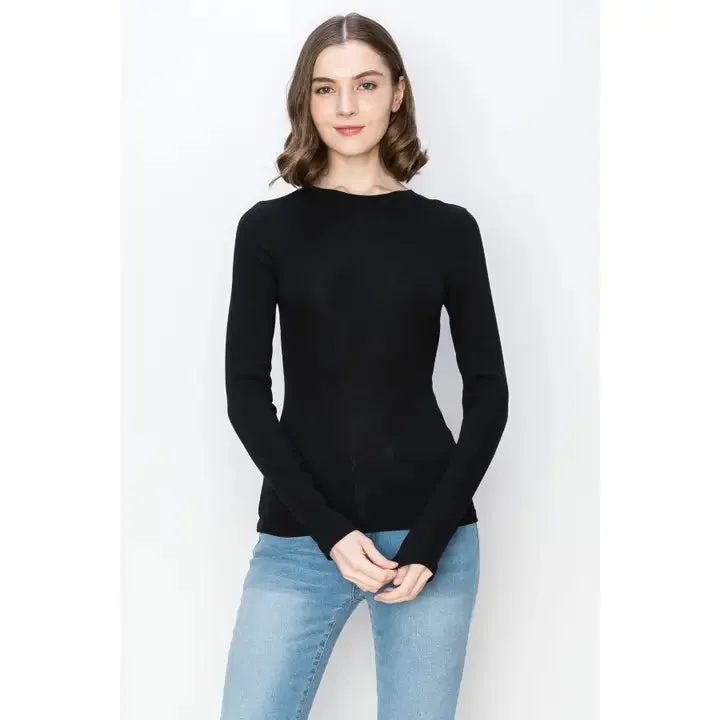 Solid Color Ribbed Cotton Spandex Crew Neck Long Sleeve Tee