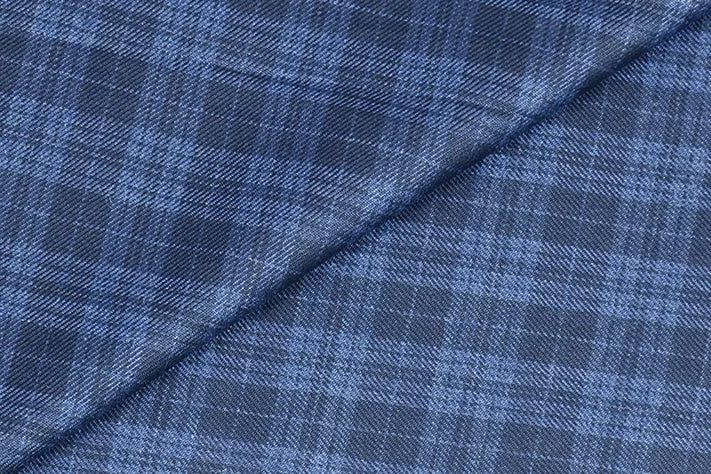 Space Blue Tweed Fabric with Small Black Checks & Stripes ( 2 Meter Cut Piece)