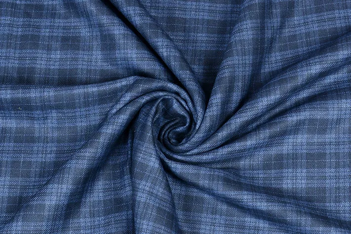 Space Blue Tweed Fabric with Small Black Checks & Stripes ( 2 Meter Cut Piece)