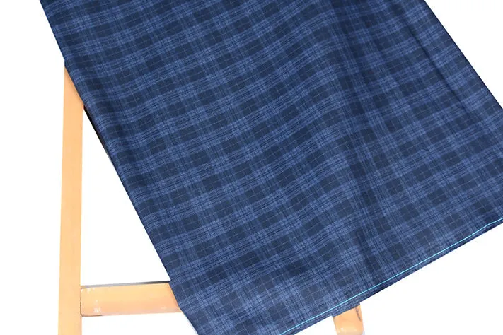 Space Blue Tweed Fabric with Small Black Checks & Stripes ( 2 Meter Cut Piece)