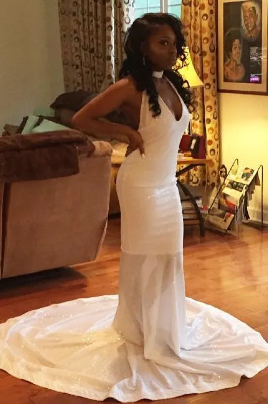 Sparkly Shiny Halter White Mermaid Prom Dresses with Train