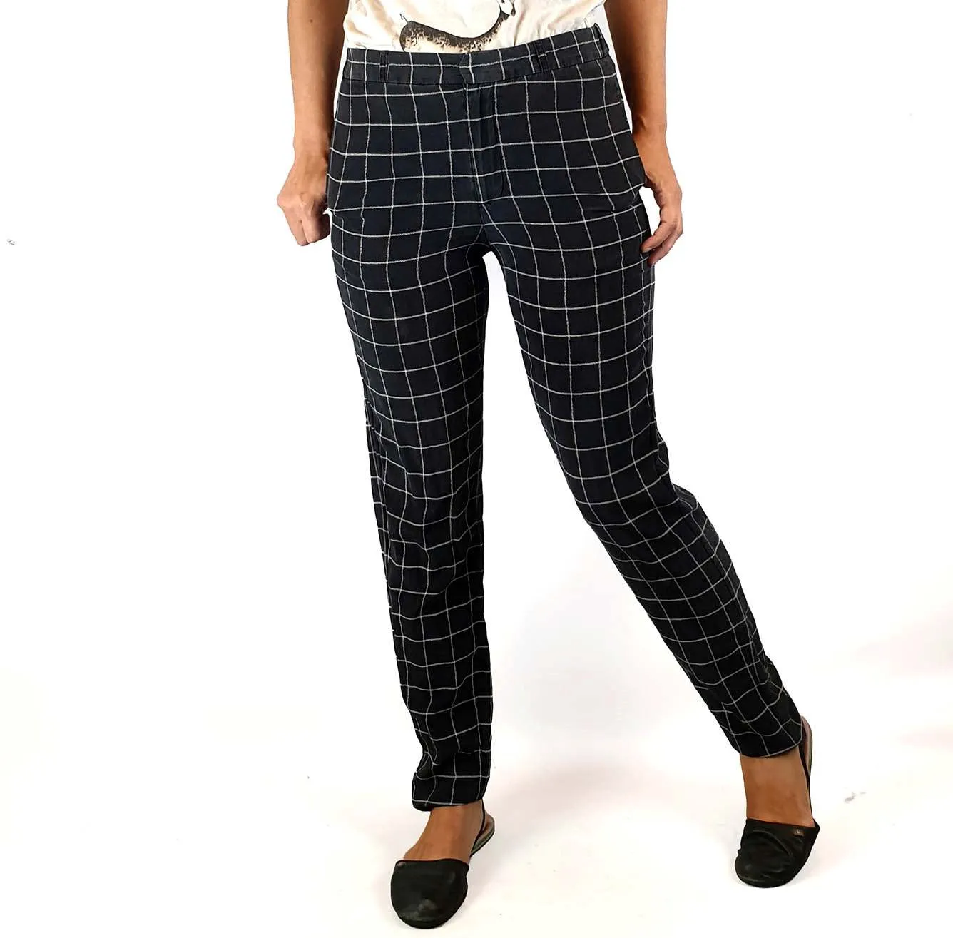Steven Alan 100% silk black and white check pants size 2, best fits 8