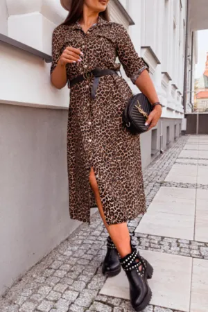 Street Elegant Zebra Print Leopard Buttons Turndown Collar Shirt Dresses