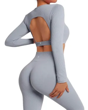 SUUKSESS Open Back Long Sleeve Scrunch Butt Booty Leggings Seamless Ribbed Workout Sets 2 Piece Outfits (#2 Grey, S)