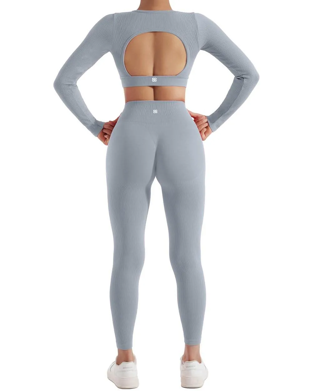 SUUKSESS Open Back Long Sleeve Scrunch Butt Booty Leggings Seamless Ribbed Workout Sets 2 Piece Outfits (#2 Grey, S)