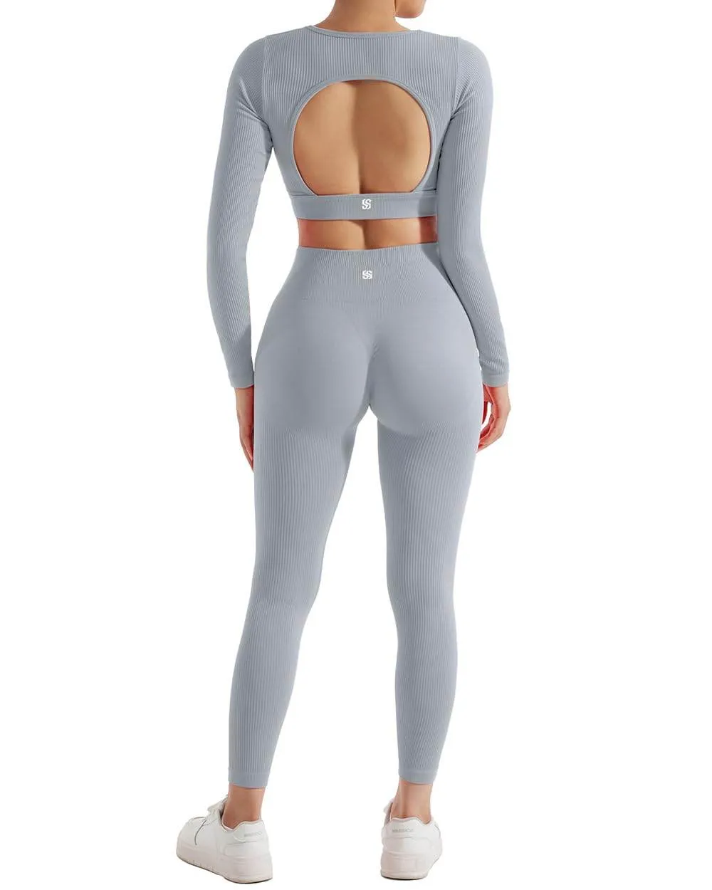 SUUKSESS Open Back Long Sleeve Scrunch Butt Booty Leggings Seamless Ribbed Workout Sets 2 Piece Outfits (#2 Grey, S)