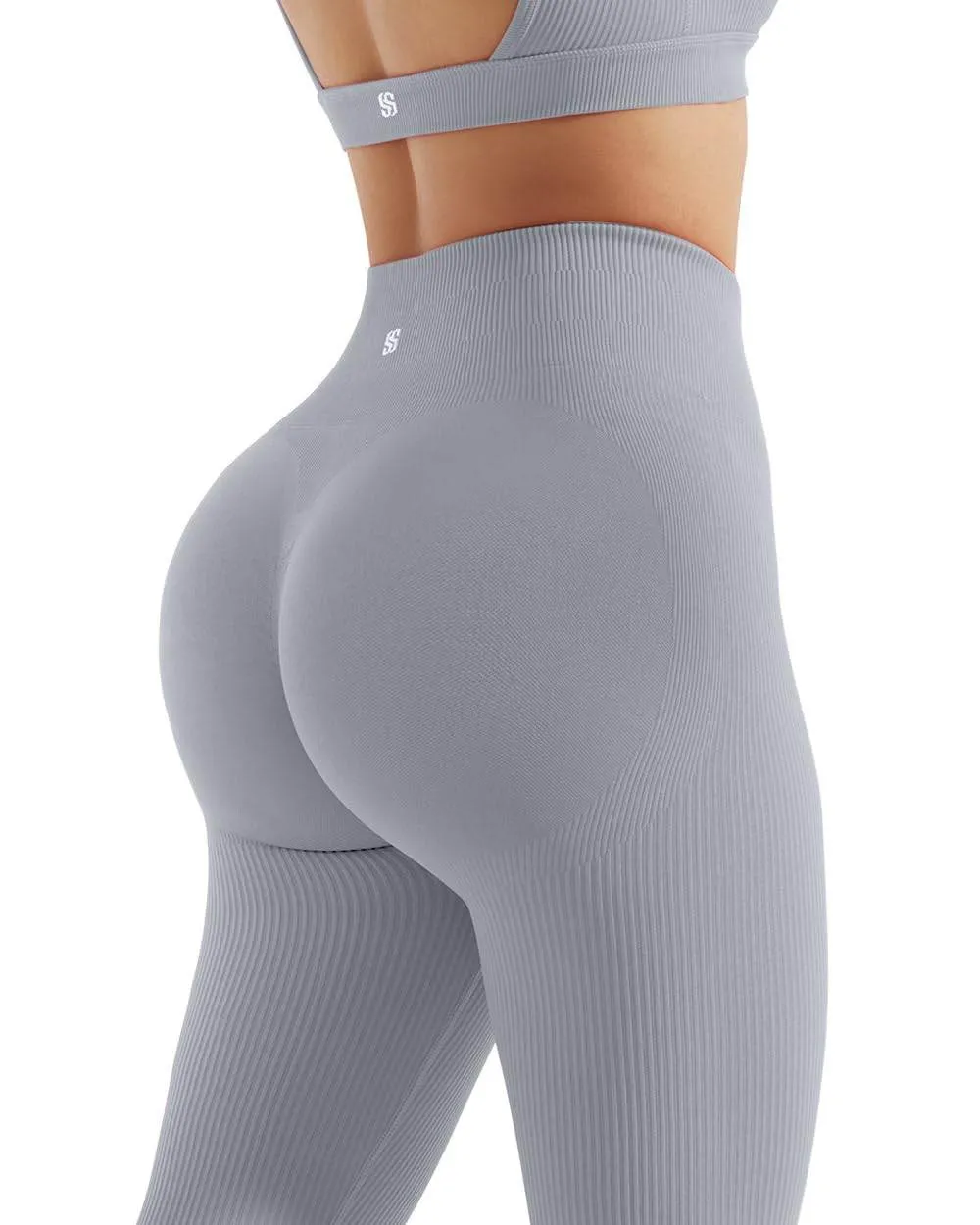 SUUKSESS Open Back Long Sleeve Scrunch Butt Booty Leggings Seamless Ribbed Workout Sets 2 Piece Outfits (#2 Grey, S)