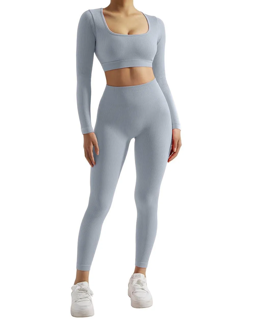 SUUKSESS Open Back Long Sleeve Scrunch Butt Booty Leggings Seamless Ribbed Workout Sets 2 Piece Outfits (#2 Grey, S)