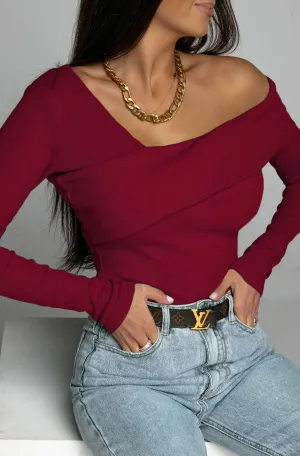 Tabitha Ribbed Bodycon Off Shoulder Top-Wine