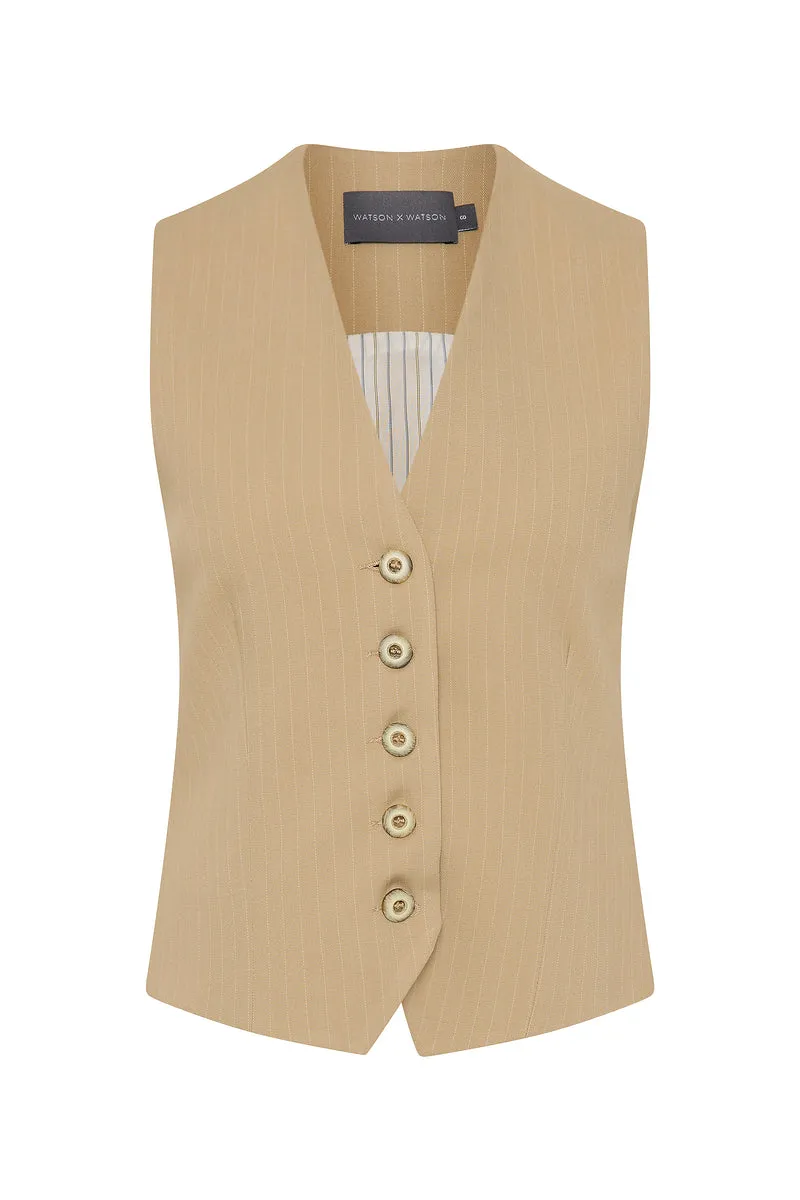 TAILORED VEST - SAND/WHITE PIN STRIPE