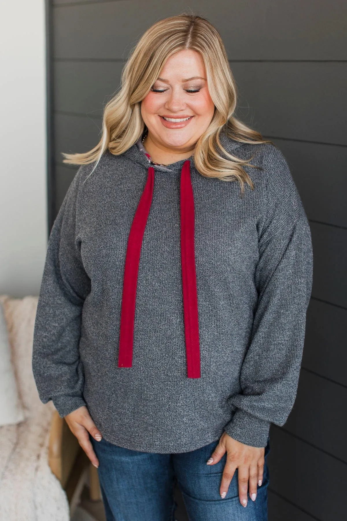 Talking To You Hooded Knit Top- Charcoal