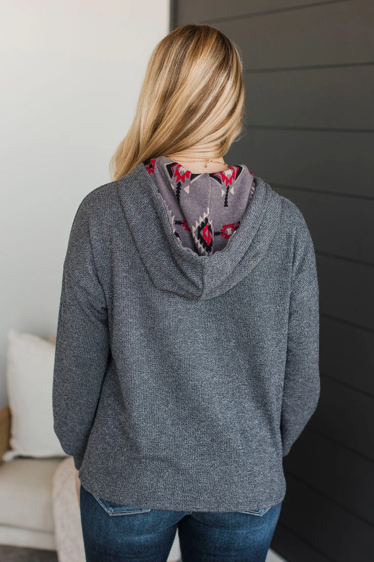 Talking To You Hooded Knit Top- Charcoal