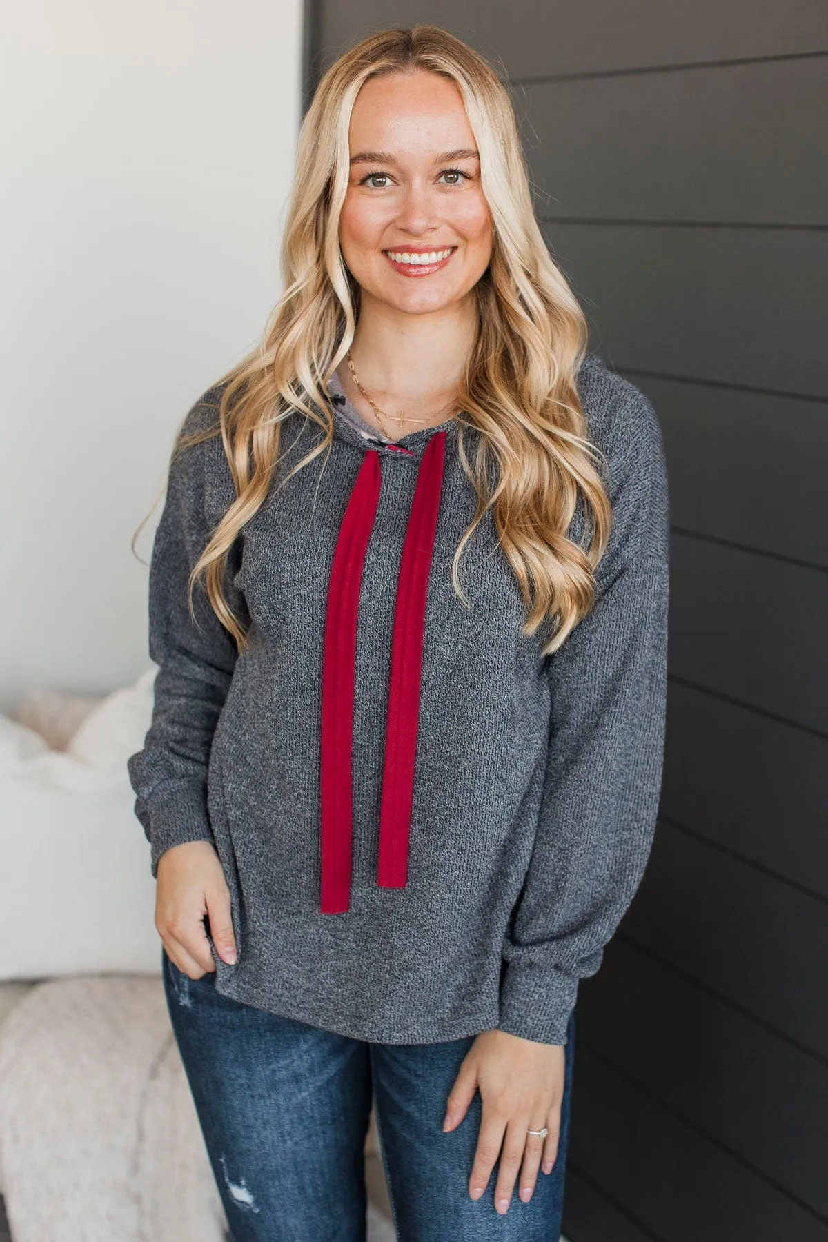 Talking To You Hooded Knit Top- Charcoal