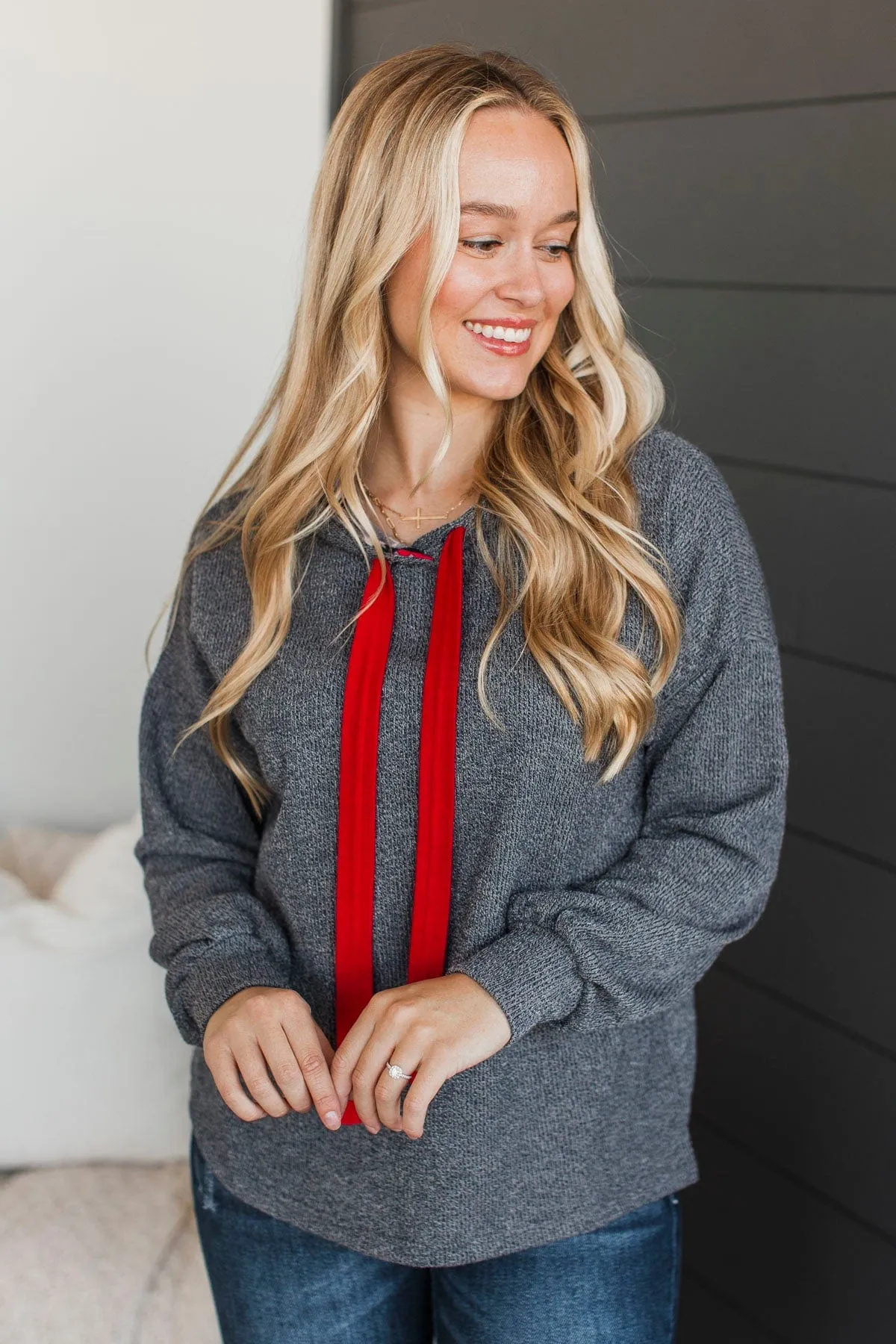 Talking To You Hooded Knit Top- Charcoal