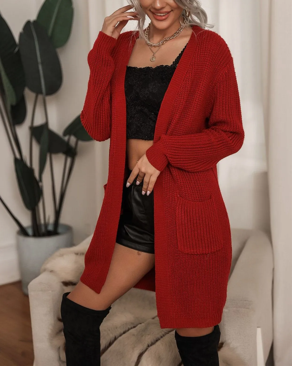 Through the Seasons Ribbed Knit Cardigan Sweater - Red