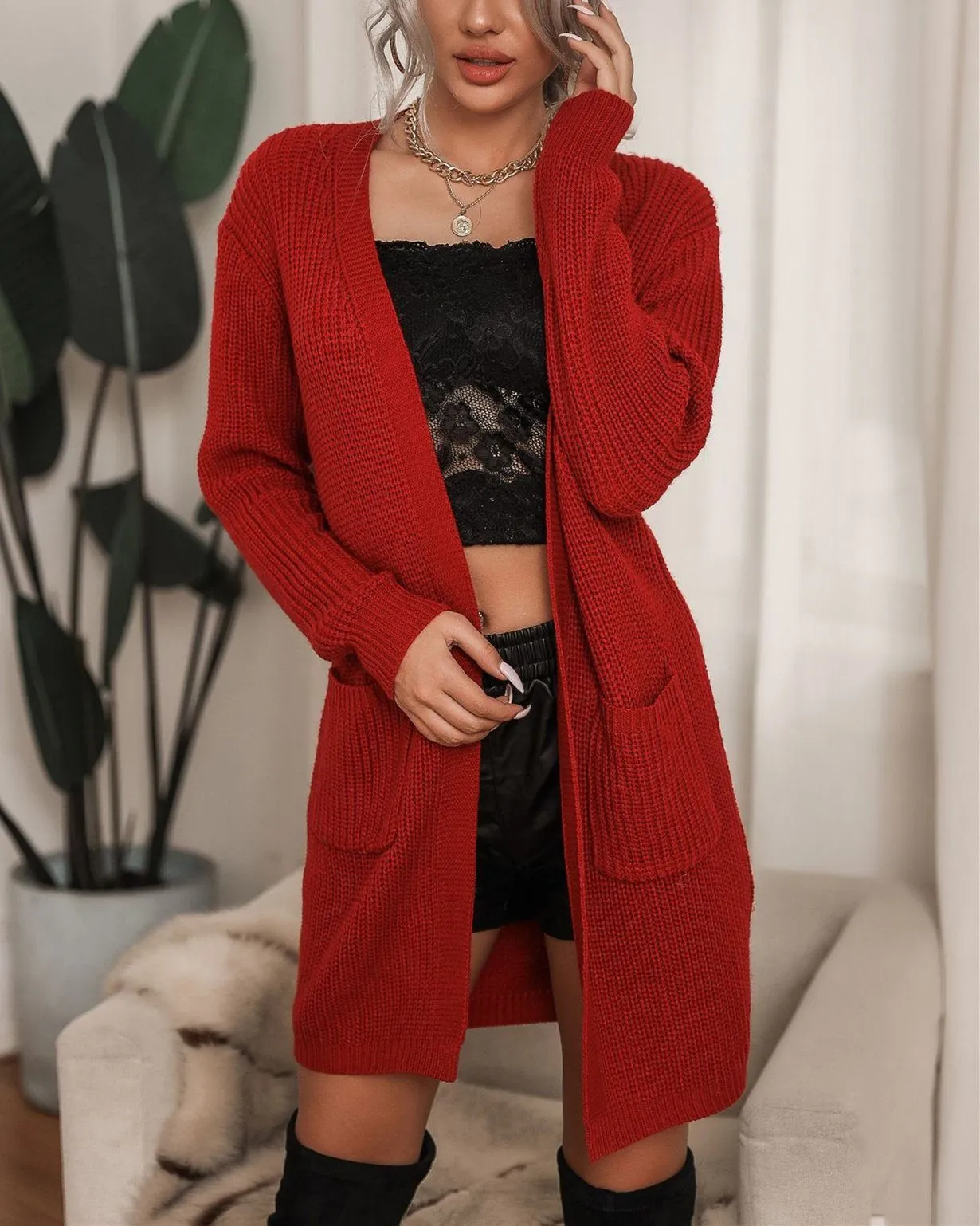 Through the Seasons Ribbed Knit Cardigan Sweater - Red