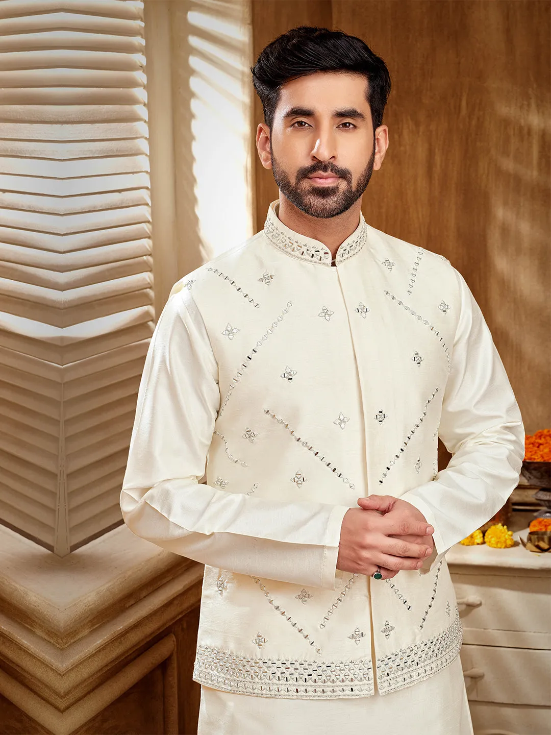 Timeless  White Kurta Set with Dazzling Mirror Work