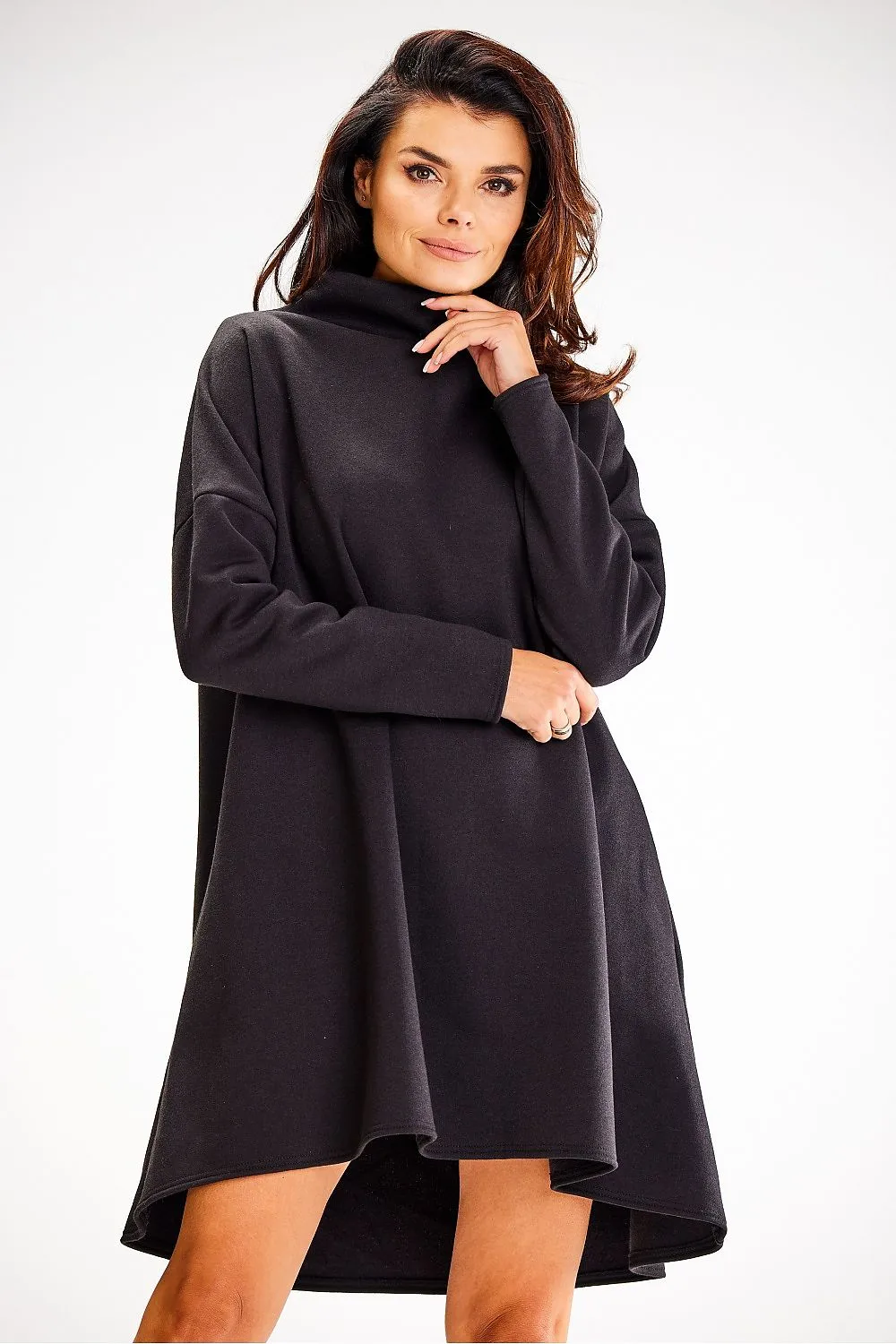 Trapezoidal Turtleneck Long-Sleeve Dress