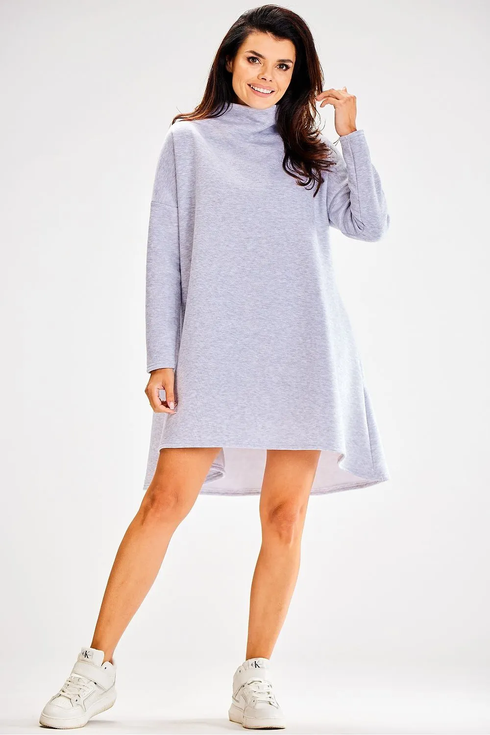 Trapezoidal Turtleneck Long-Sleeve Dress